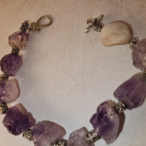 Amethyst, mother of pearl,‎ and silver bracelet - Picture 13 of 13